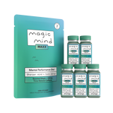Magic Mind MAXX Mental Performance Shot 5-day trial pack with turquoise pouch and five glass bottles with green caps.