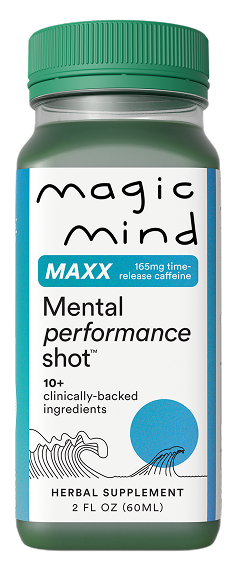 Magic Mind MAXX Mental Performance Shot bottle — herbal supplement with 165mg time-release caffeine and 10+ clinically-backed ingredients, 2 fl oz (60ml).