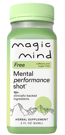 Magic Mind Free Mental Performance Shot bottle — caffeine-free, sugar-free herbal supplement with 10+ clinically-backed ingredients, 2 fl oz (60ml).