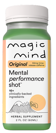Magic Mind Original Mental Performance Shot bottle — herbal supplement with 55mg time-release caffeine and 10+ clinically-backed ingredients, 2 fl oz (60ml).