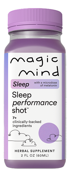 Magic Mind Sleep Performance Shot bottle — herbal supplement with a microdose of melatonin and 7+ clinically-backed ingredients, 2 fl oz (60ml).