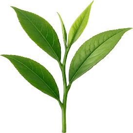 Sprig of green tea leaves on a transparent background.