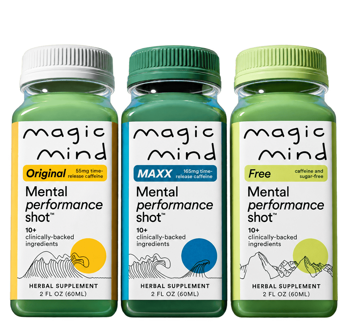 Three Magic Mind mental performance shot bottles side by side — Original, MAXX, and Free variants — on a transparent background.