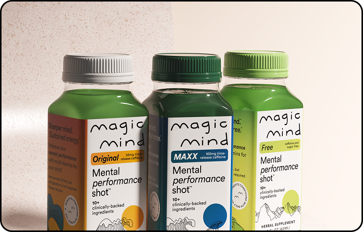 Three Magic Mind bottles—Original, MAXX, and Free—lined up against a beige background.
