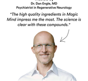 Dr. Dan Engle, MD headshot with a testimonial quote about Magic Mind's ingredients.