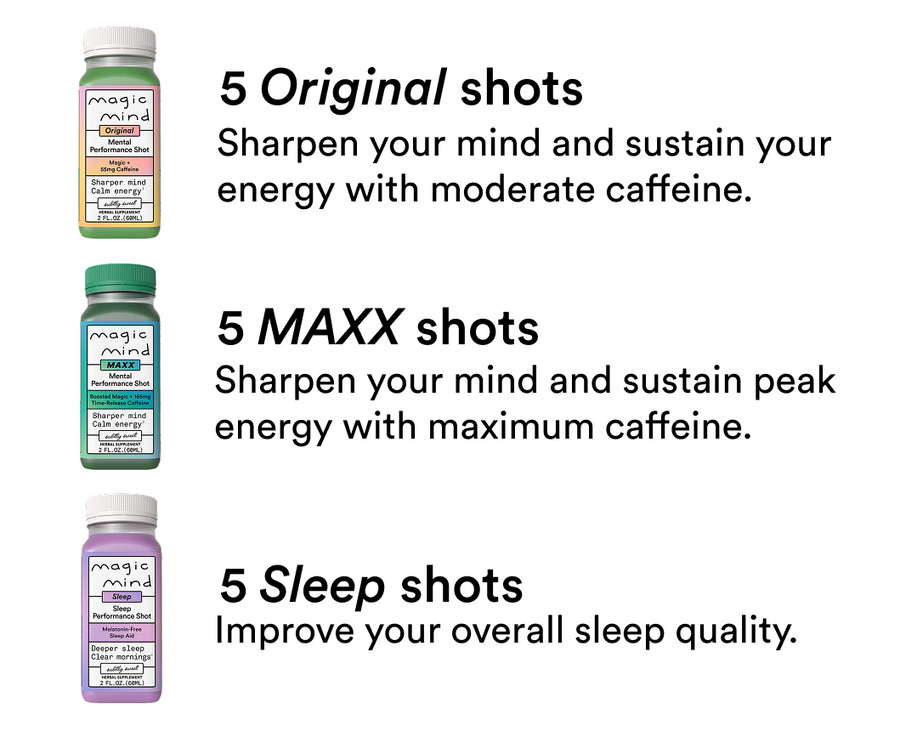 Three bottles of Magic Mind liquid shots: green Original, blue MAXX, and purple Sleep formulas.