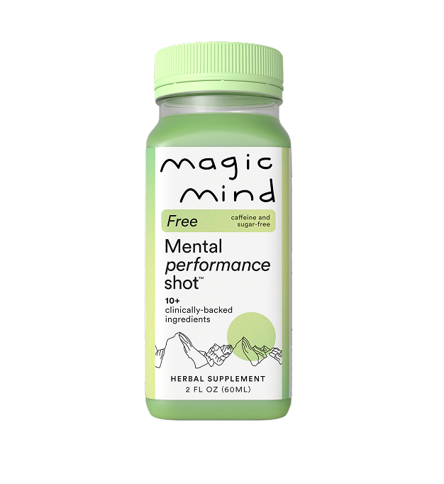 Magic Mind Free herbal supplement bottle, a caffeine-free and sugar-free mental performance shot.