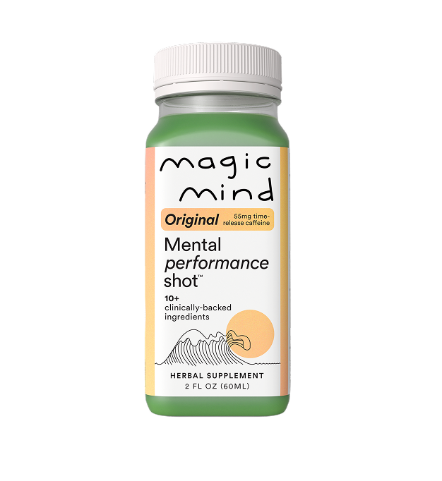 Magic Mind Original herbal supplement bottle, a mental performance shot with 55mg time-release caffeine.