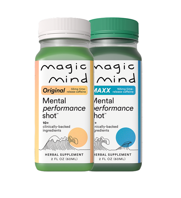 Magic Mind Original and MAXX mental performance shot bottles side by side.