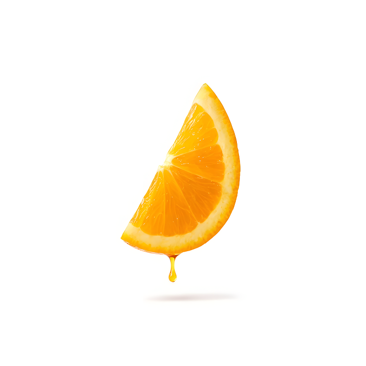 Orange wedge with a drop of juice dripping down, representing Vitamin C as a Magic Mind ingredient.
