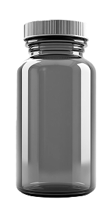 Empty amber glass bottle with a silver cap.
