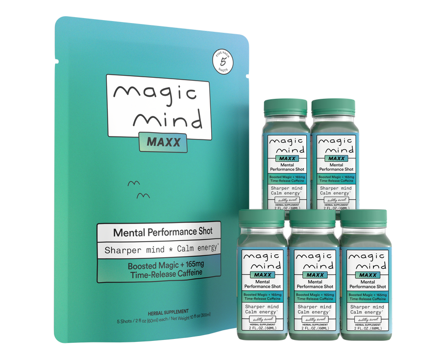 Magic Mind Maxx Mental Performance Shot starter set with turquoise packaging and five bottles with green caps.