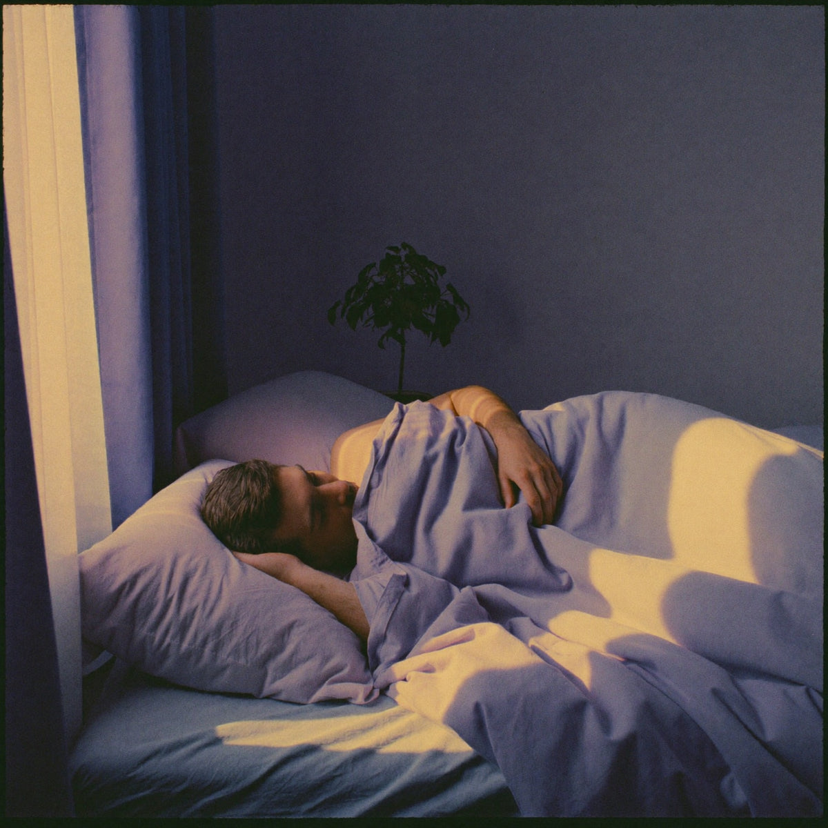 Person sleeping peacefully in bed with morning light.