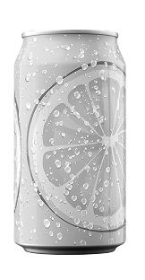 Silver soda can with a citrus slice graphic.