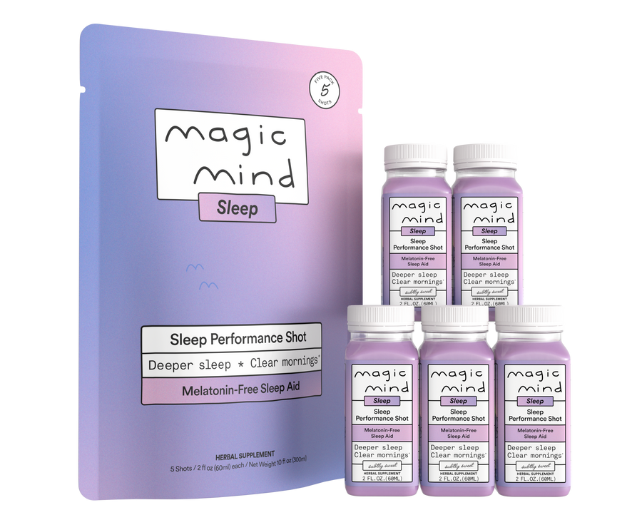Magic Mind Sleep Performance Shot starter set with five bottles of melatonin-free sleep aid in purple liquid form.