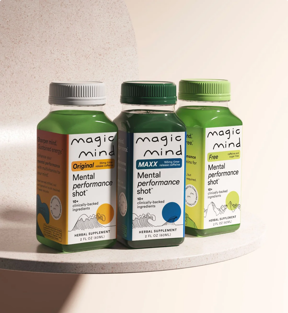 Magic Mind Original, MAXX, and Free bottles on a curved shelf.